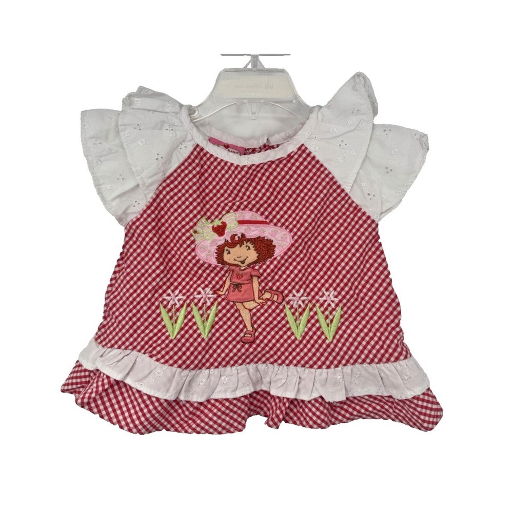 VTG Rare Strawberry Shortcake Girls 2000s Eyelet Sleeve Gingham coquette Y2K